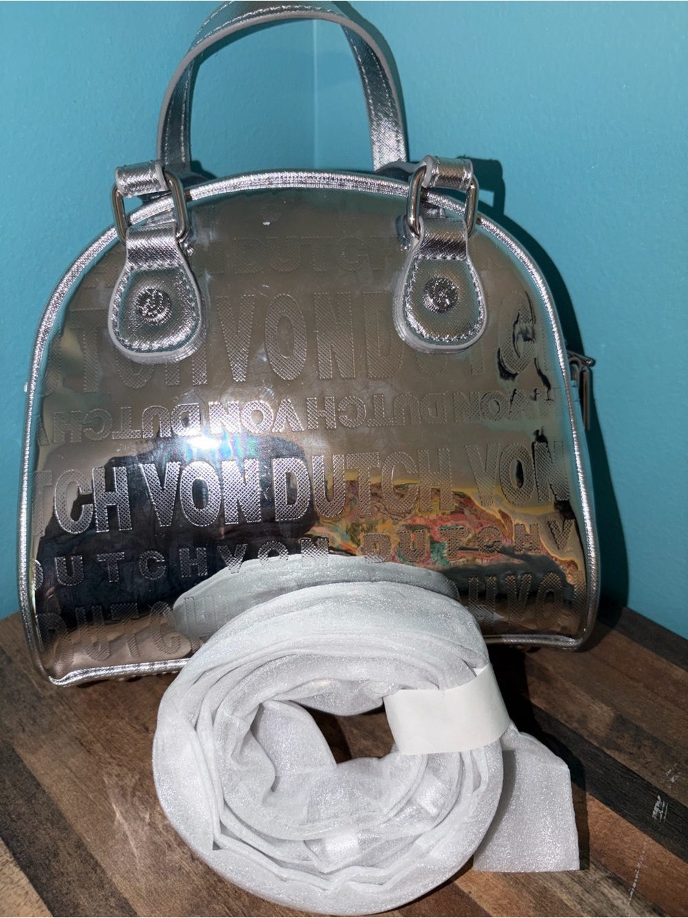 Von Dutch Metallic Silver Bowling Bag Satchel NWOT